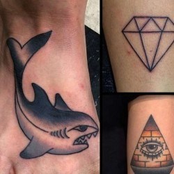 Акула, алмаз, всевидящее око  на предплечье, на ступне, на голени (на руке)