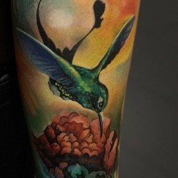Птица колибри у цветка  на предплечье (на руке)