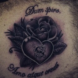 Сердце, роза и надпись  на спине
