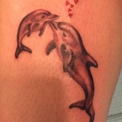 Дельфин с детенышем  на голени (на ноге)