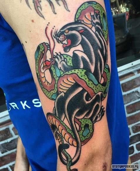 Фотография татуировки под названием «Пантера в бою со змеей»