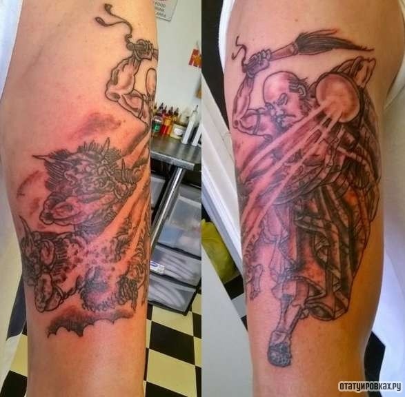 Фотография татуировки под названием «Воин убивает нечисть»