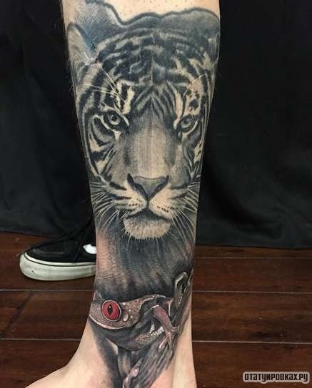 Фотография татуировки под названием «Тигр с лягушкой»
