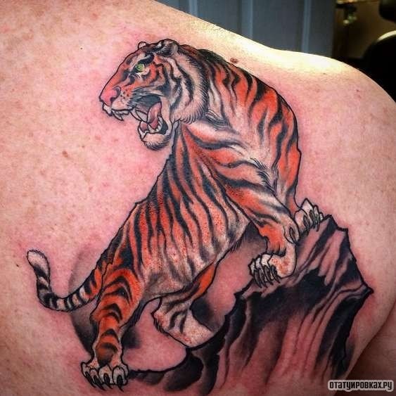Фотография татуировки под названием «Тигр на скале»
