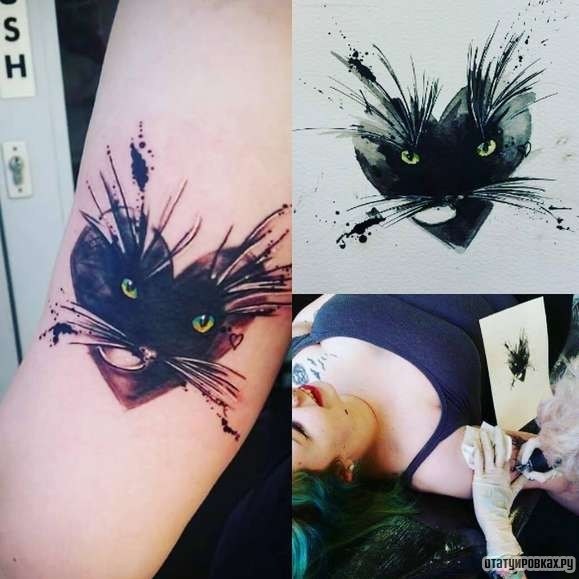 Фотография татуировки под названием «Морда кошки в сердечке»