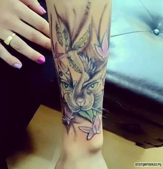 Фотография татуировки под названием «Кошка с цветами»