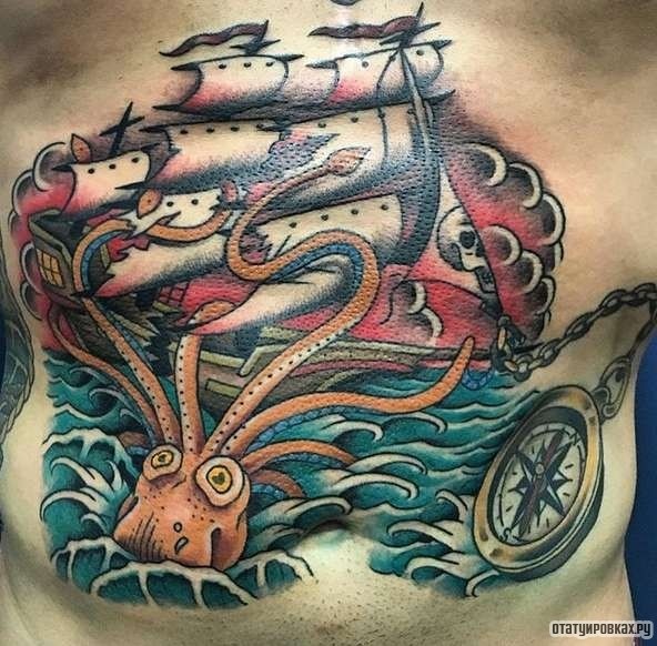 Фотография татуировки под названием «Корабль и осьминог»