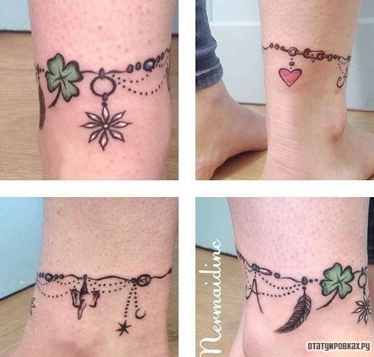 Фотография татуировки под названием «Оберег в виде браслета с клевером, сердцем и снежинкой»