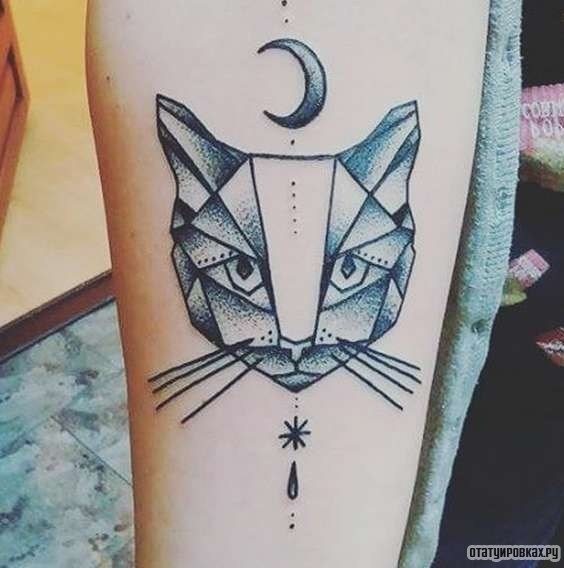 Фотография татуировки под названием «Кот с месяцем»