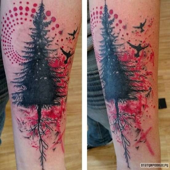 Фотография татуировки под названием «Дерево елка с птицами»