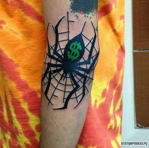 Фотография татуировки под названием «Паук, паутина и знак доллара»