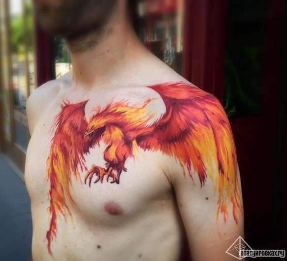 Фотография татуировки под названием «Феникс с яркими цветами»