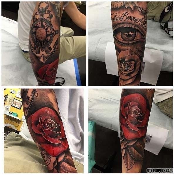 Фотография татуировки под названием «Якорь, глаз и розы»