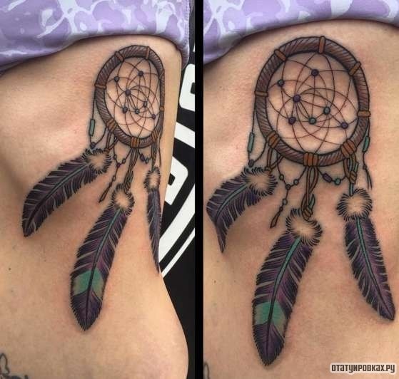 Фотография татуировки под названием «Ловец снов с тремя перами»