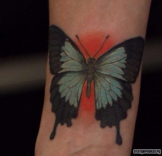 Фотография татуировки под названием «Бабочка на фоне красного солнца»