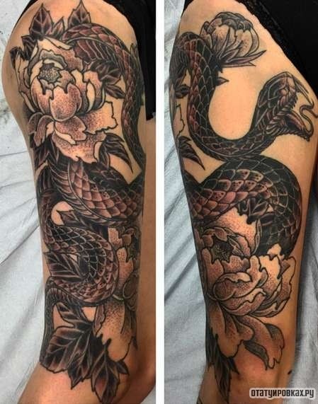 Фотография татуировки под названием «Змея и пион»