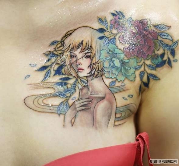 Фотография татуировки под названием «Девушка с пионами»