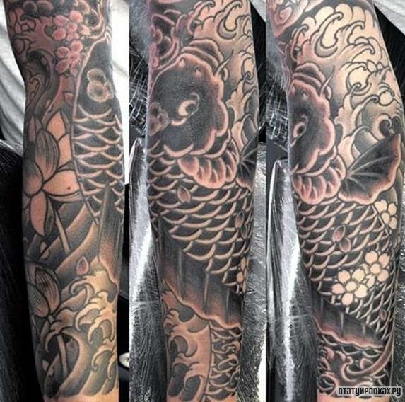 Фотография татуировки под названием «Карп, лотос, волны, сакура»