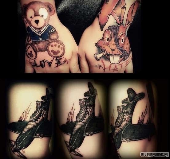 Фотография татуировки под названием «Самолет - кеда, медведь и заяц»
