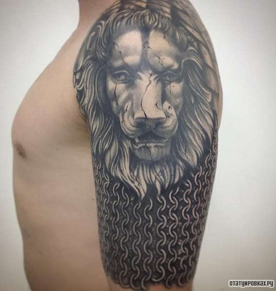 Фотография татуировки под названием «Лев и кольчуга»
