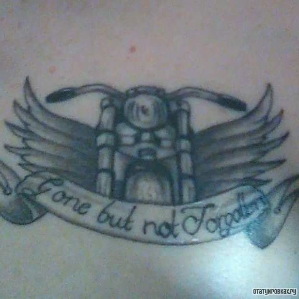 Фотография татуировки под названием «Байк, крылья и надпись»