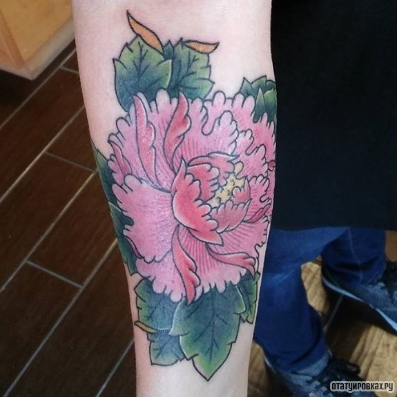 Фотография татуировки под названием «Розовый пион с зелеными листьями»