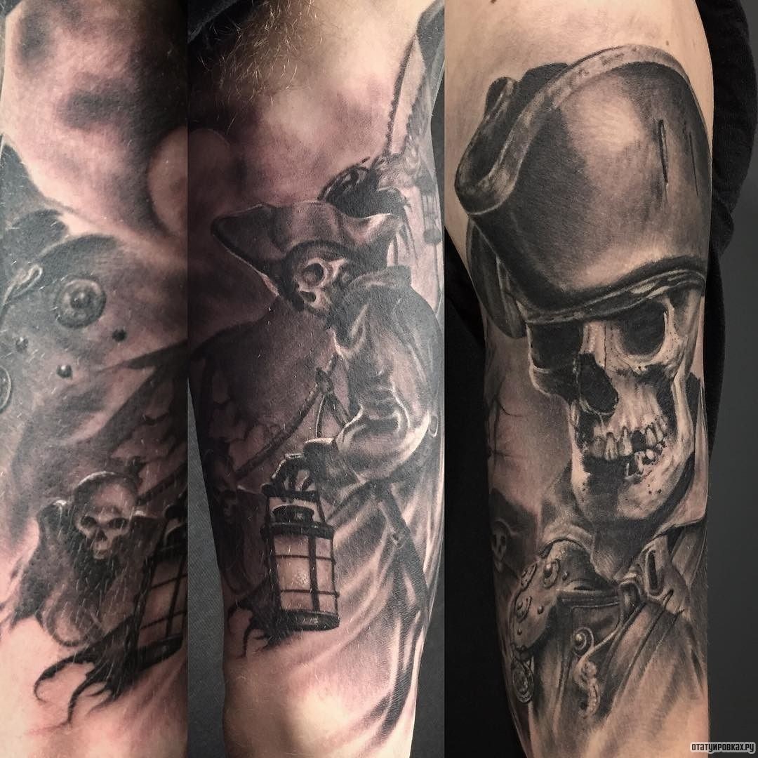 Фотография татуировки под названием «Скелет - пират с лампой»