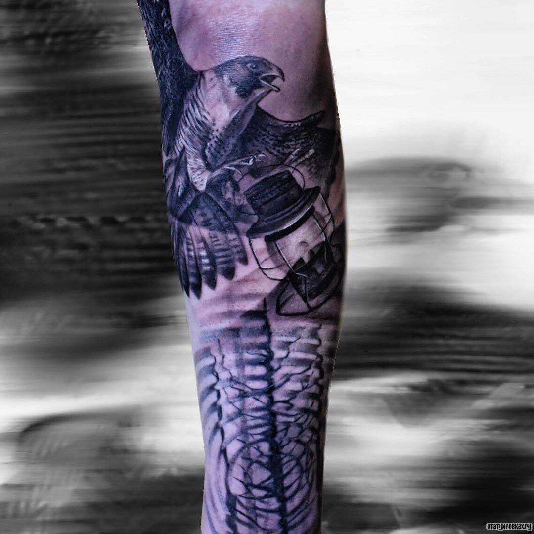 Фотография татуировки под названием «Сокол с лампой»