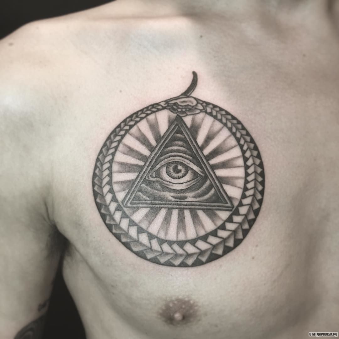 Фотография татуировки под названием «Уроборос и всевидящее око»