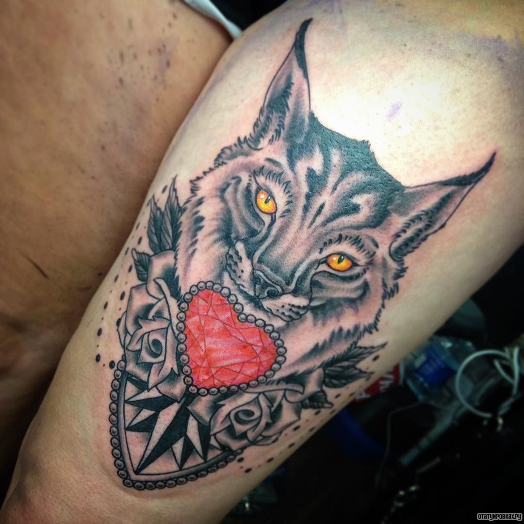 Фотография татуировки под названием «Рысь с сердцем в виде бриллианта»