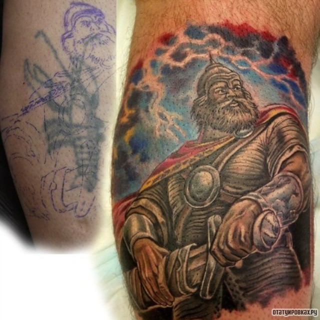 Фотография татуировки под названием «Богатырь на фоне грозы каверап»