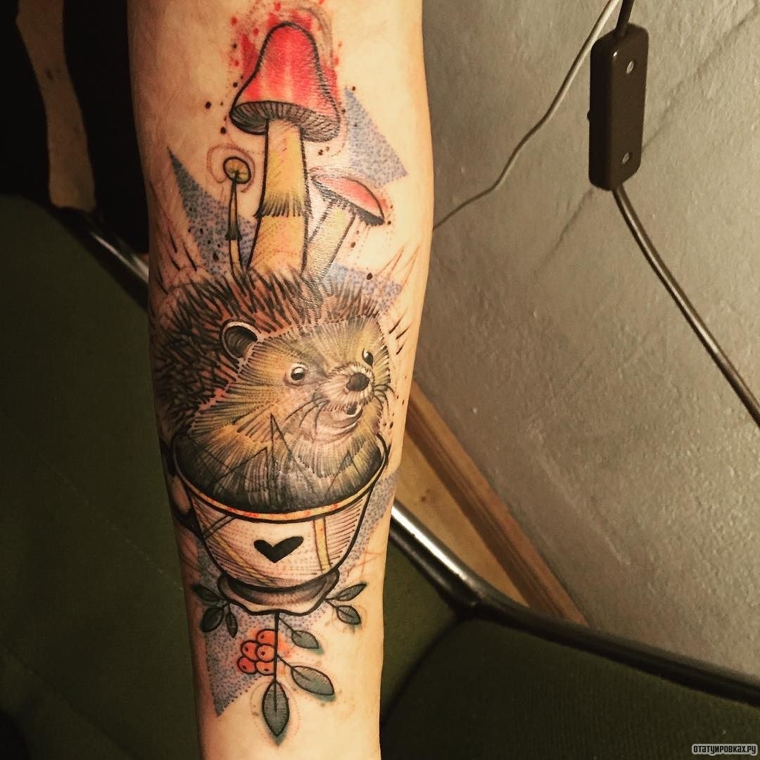 Фотография татуировки под названием «Еж с грибами»