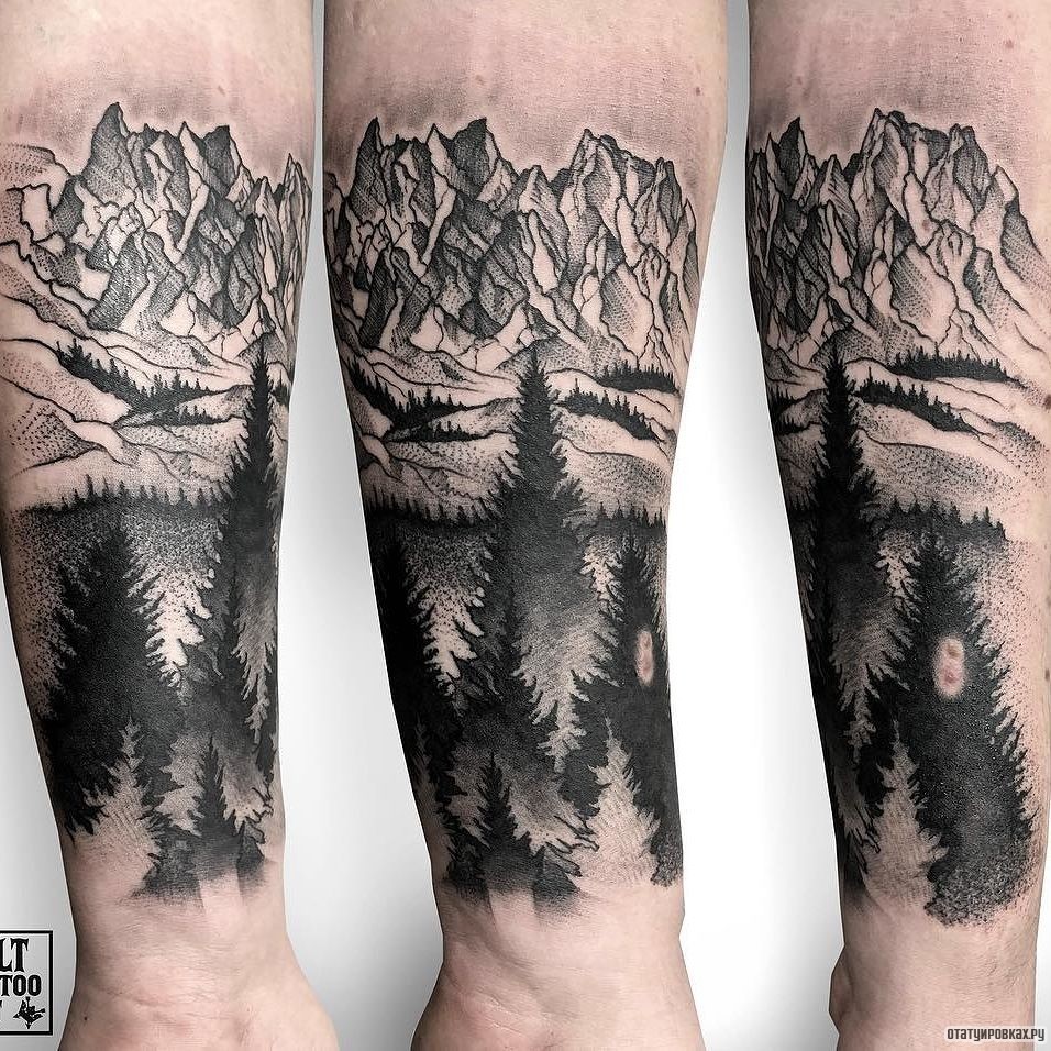 Фотография татуировки под названием «Горы и ели»