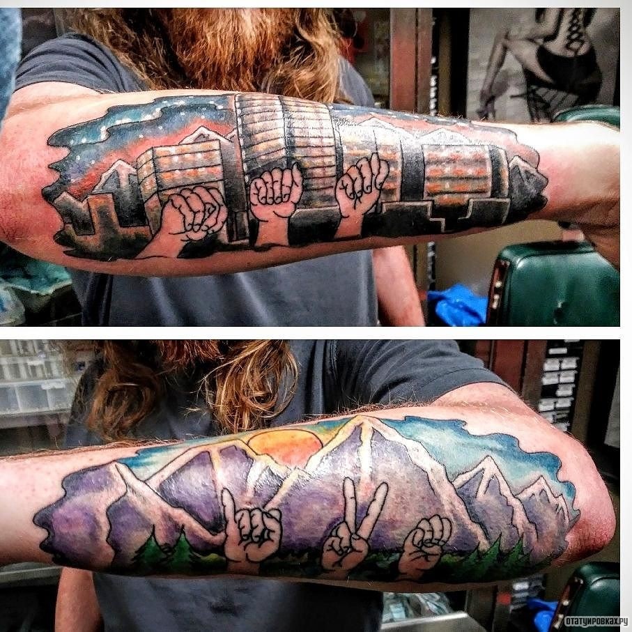 Фотография татуировки под названием «Сиреневые горы»