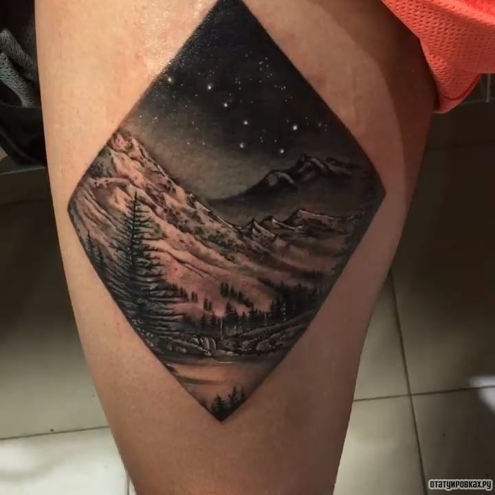 Фотография татуировки под названием «Елки на фоне горы и темного неба»
