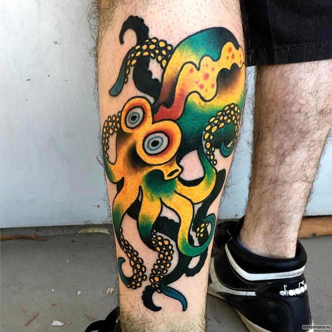 Фотография татуировки под названием «Желто-черно-синий осьмног»