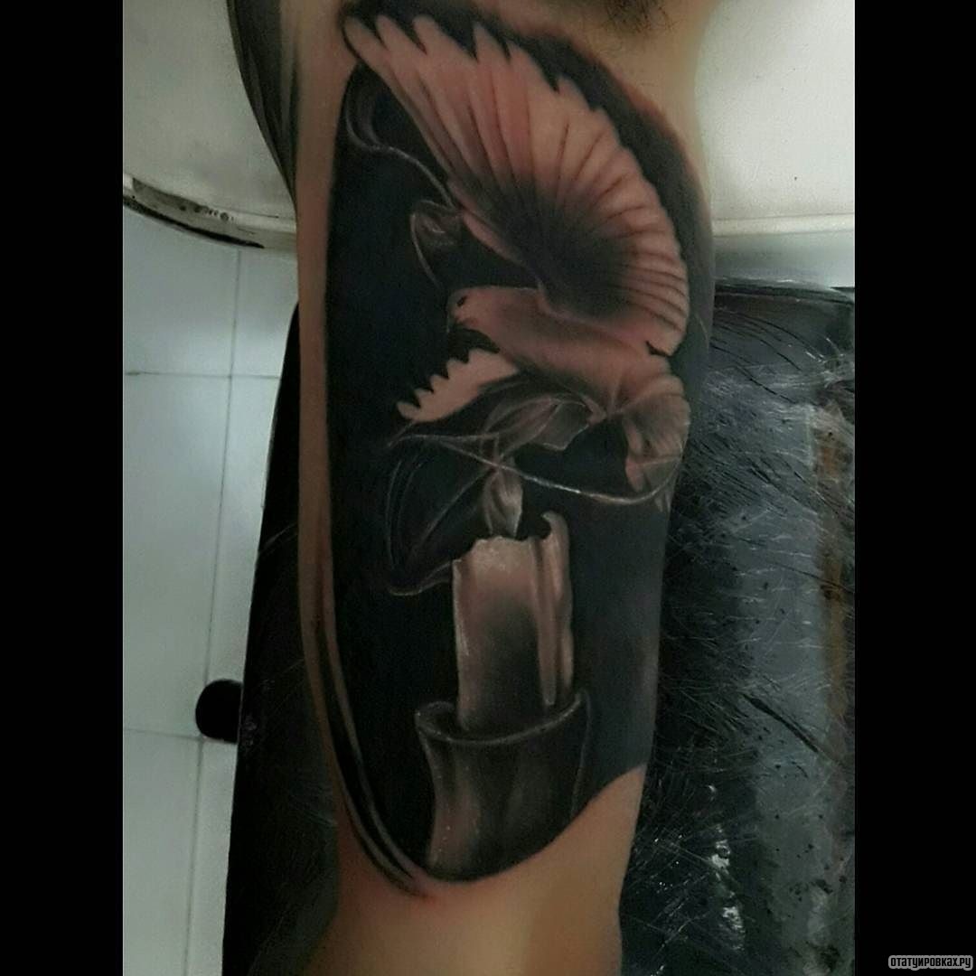Фотография татуировки под названием «Голубь над свечой»