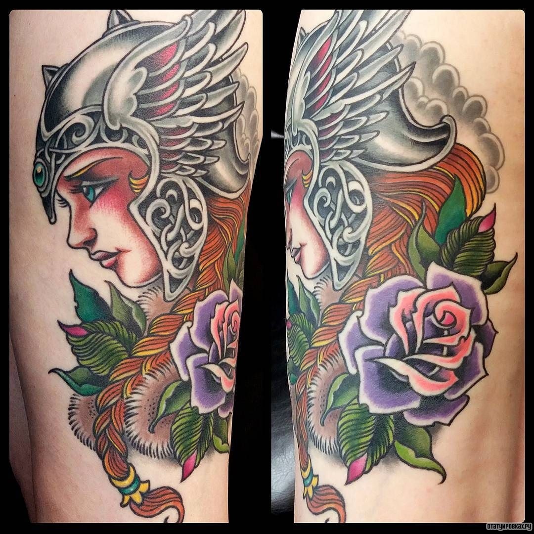 Фотография татуировки под названием «Валькирия с розой»