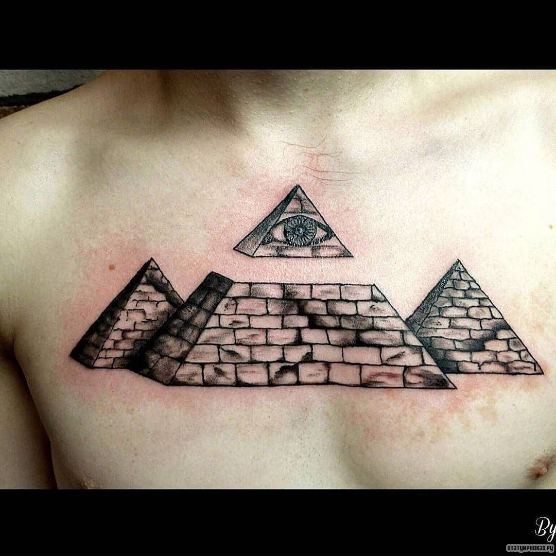 Фотография татуировки под названием «Три пирамиды, одна с глазом»
