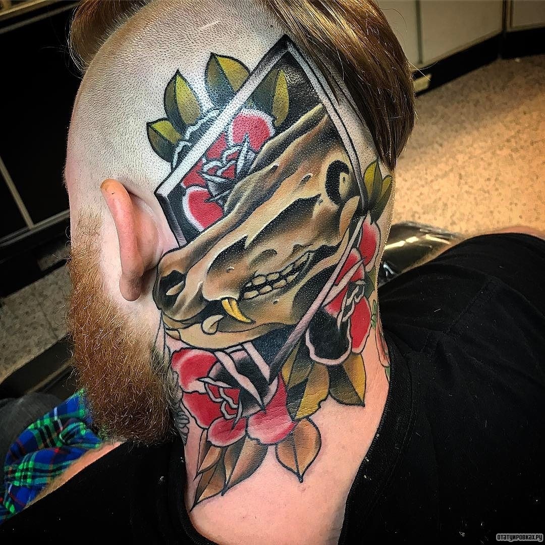 Фотография татуировки под названием «Череп животного с розами»