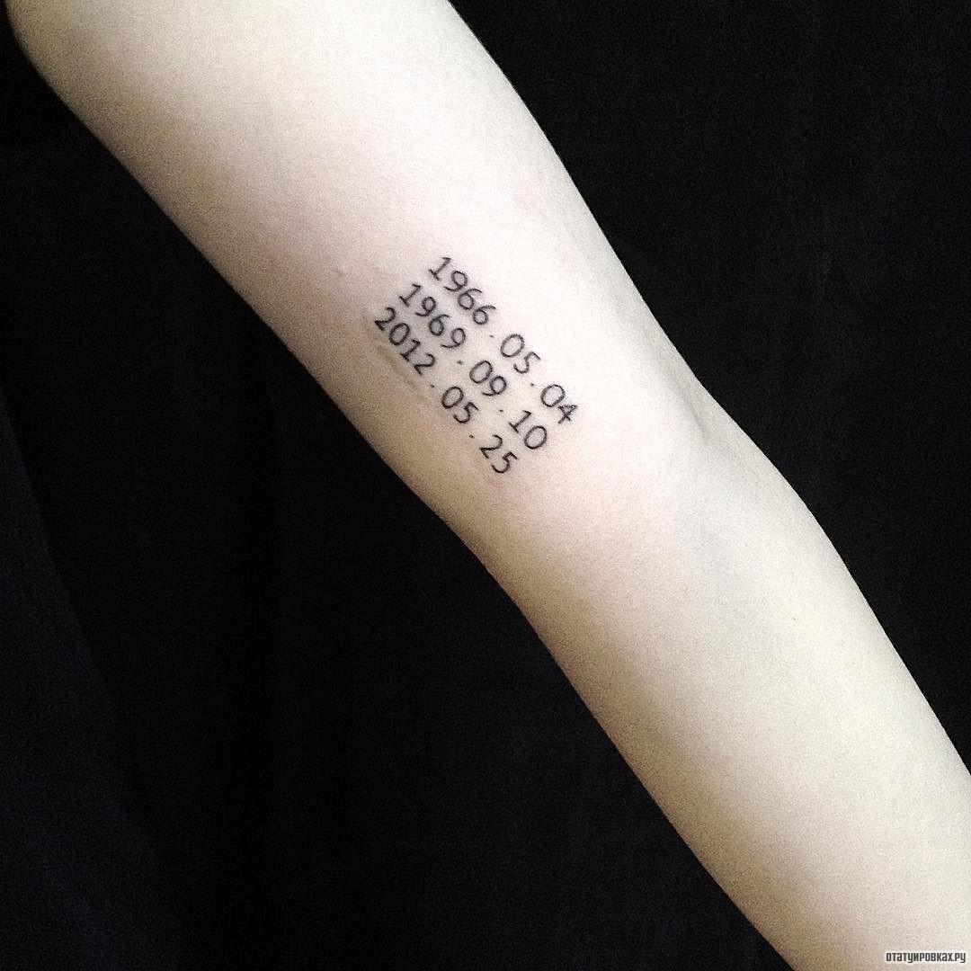 Фотография татуировки под названием «Цифры - три даты рождения»
