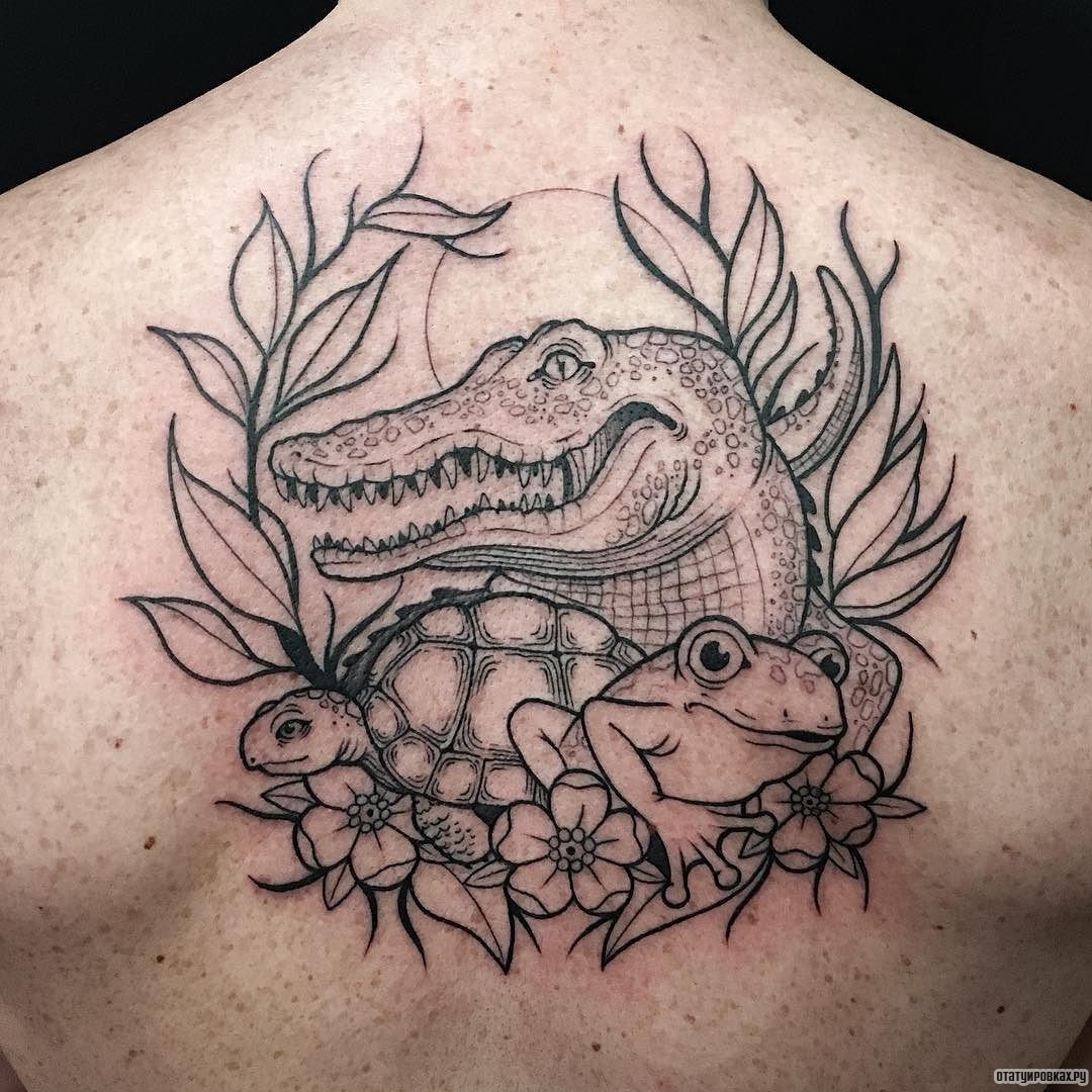 Фотография татуировки под названием «Крокодил с лягушкой и черепахой - набросок»