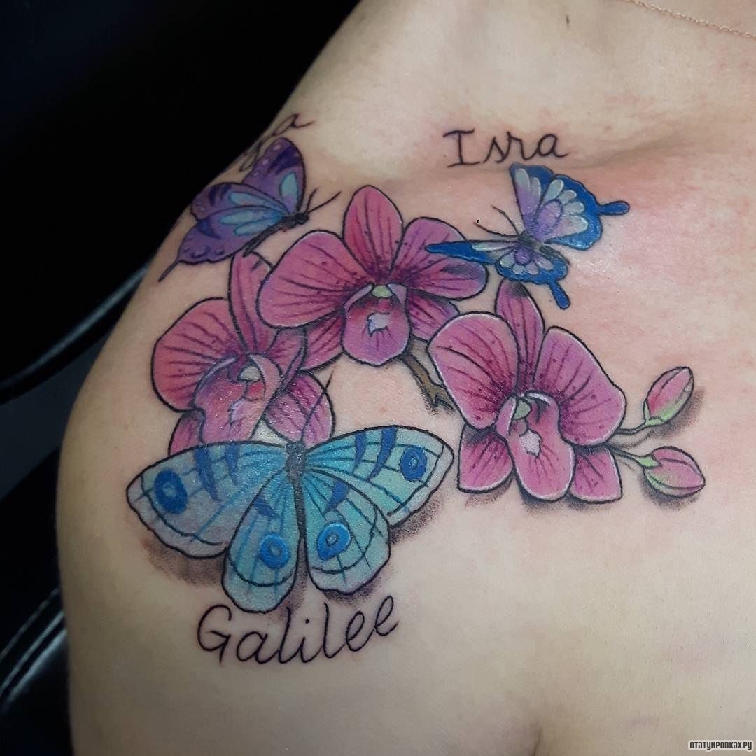 Фотография татуировки под названием «Орхидеи с бабочками»