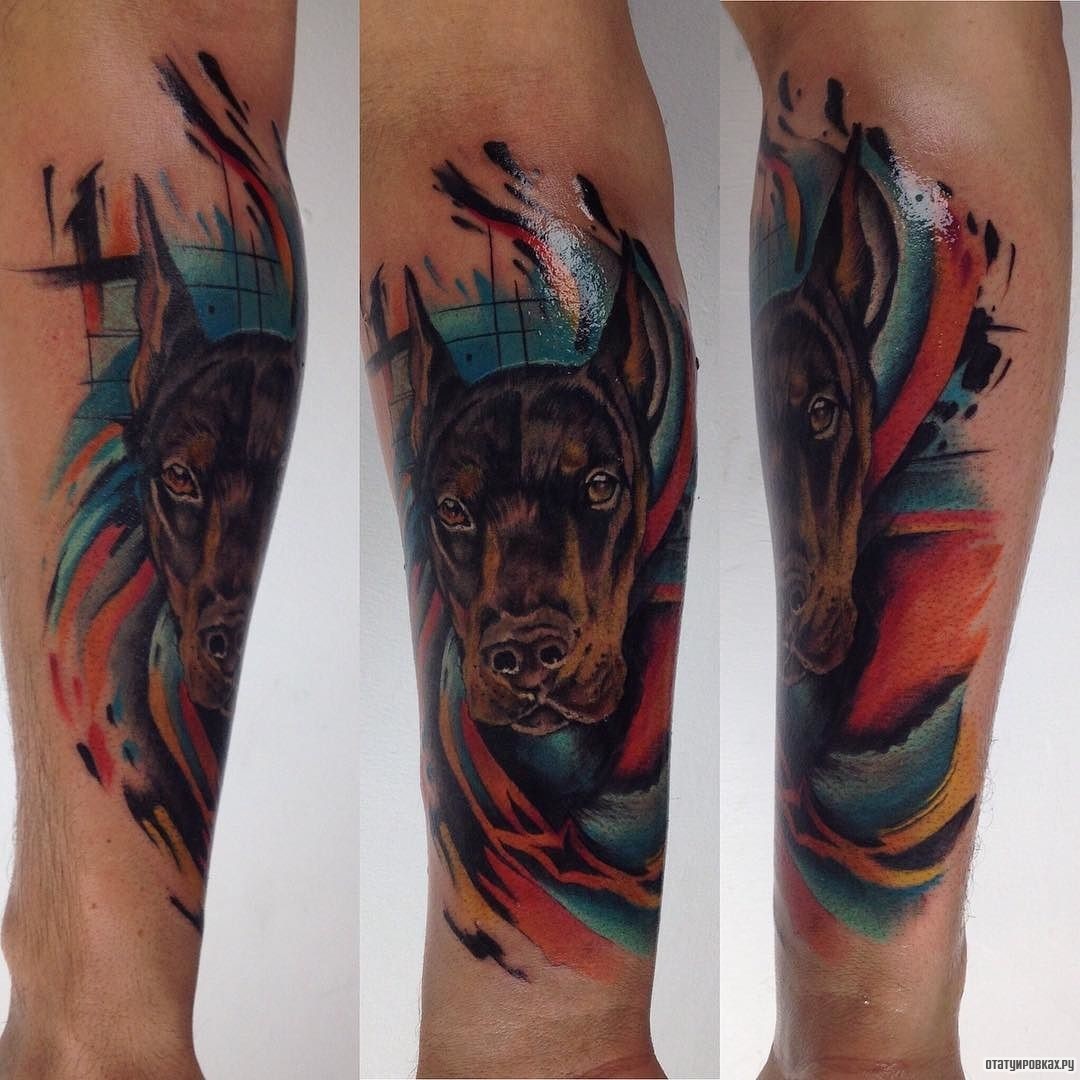 Фотография татуировки под названием «Доберман с фоном»