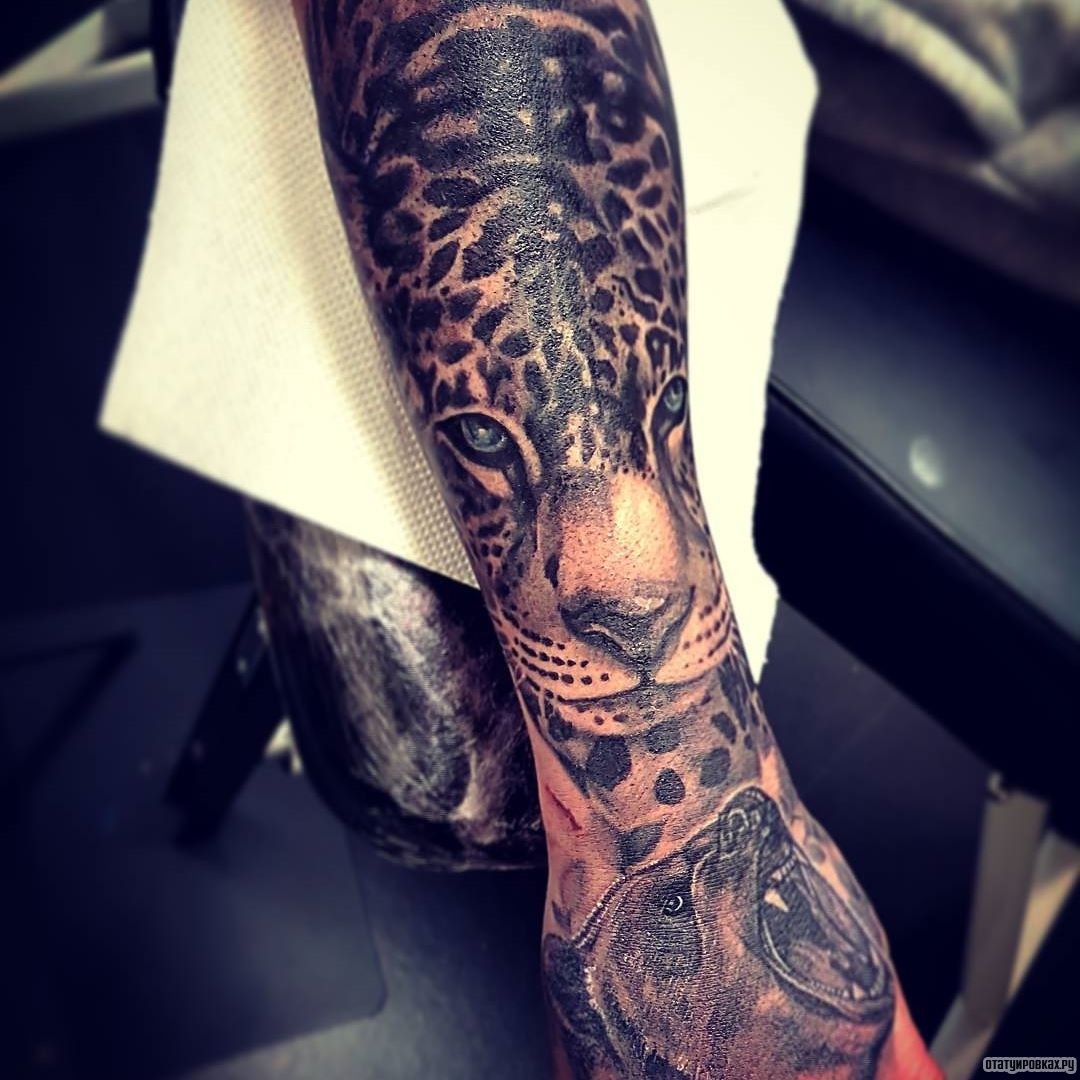 Фотография татуировки под названием «Леопард и оскал медведя»