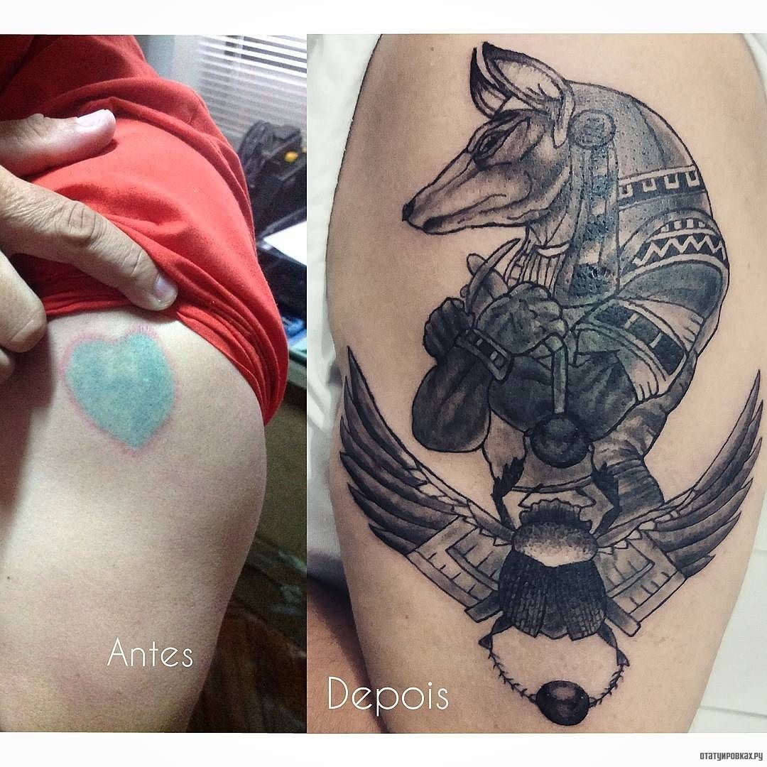 Фотография татуировки под названием «Анубис и жук скарабей»