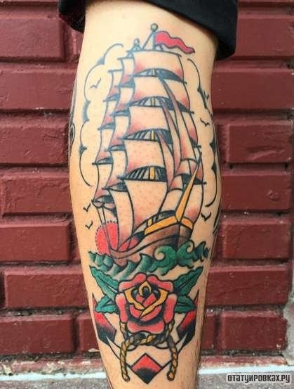 Фотография татуировки под названием «Корабль, роза, якорь»