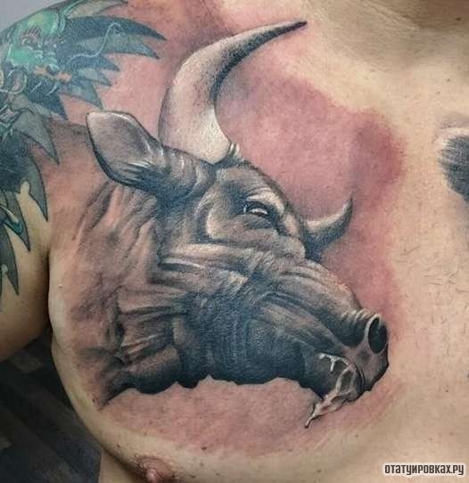 Фотография татуировки под названием «Бык со слюнями»