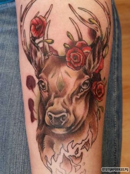 Фотография татуировки под названием «Олень с цветами»