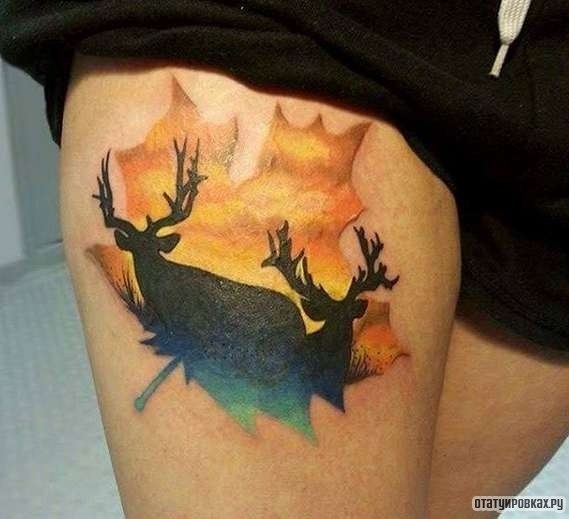 Фотография татуировки под названием «Два оленя в кленовом листе»
